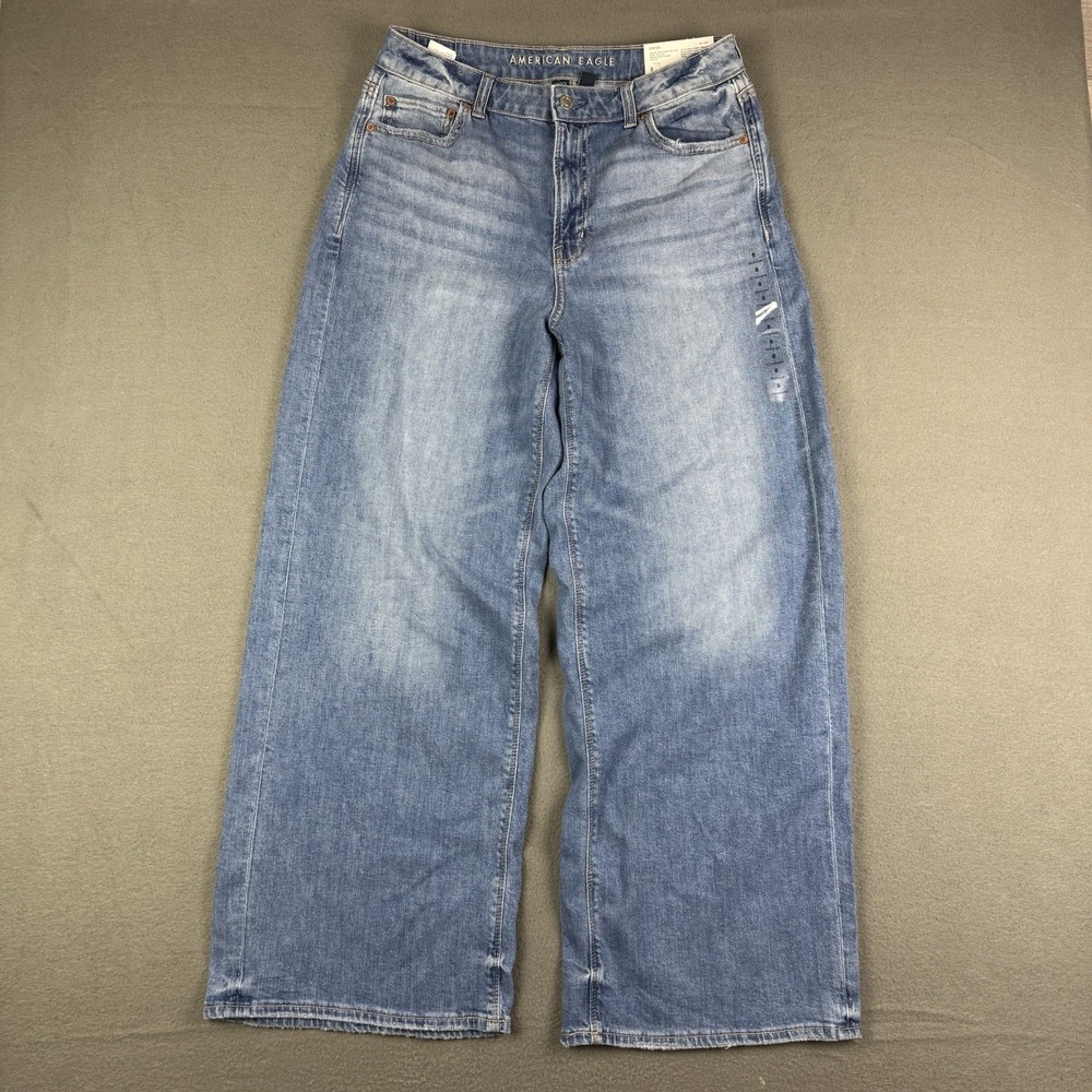 American Eagle Super High Rise Baggy Wide‎ Leg Blue Jeans Womens Size 8 NEW